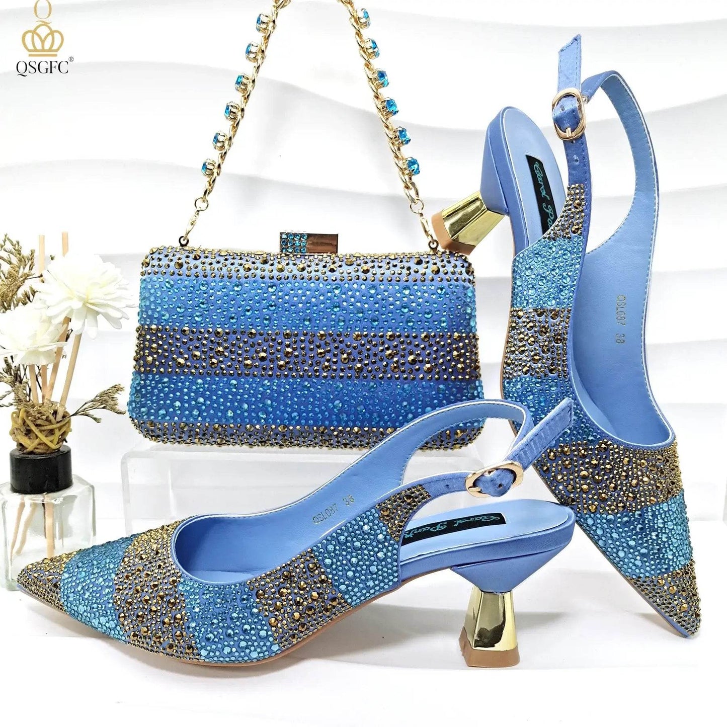 Gold Color Elegant Hollow Rhinestones High Heels Wedges Shoes Matching Bag - ROYAL EQUIPS