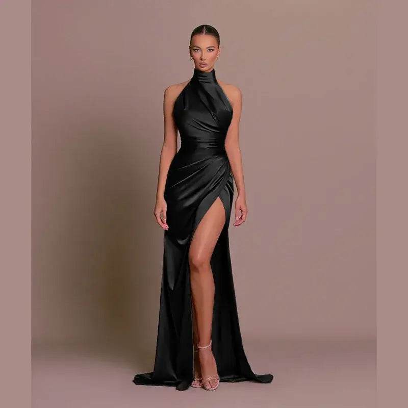 Silken Allure Backless Evening Dress - Elegant Halter Party Gown - ROYAL EQUIPS