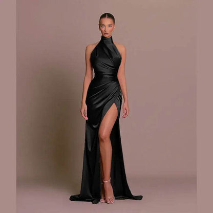 Silken Allure Backless Evening Dress - Elegant Halter Party Gown - ROYAL EQUIPS