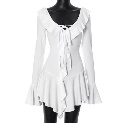 Talenza Backless Lace Up Slim Fit Mini Dress Women's Sexy Bell Sleeve Party Dress Solid Color Deep V High Waist Dress For Women - ROYAL EQUIPS