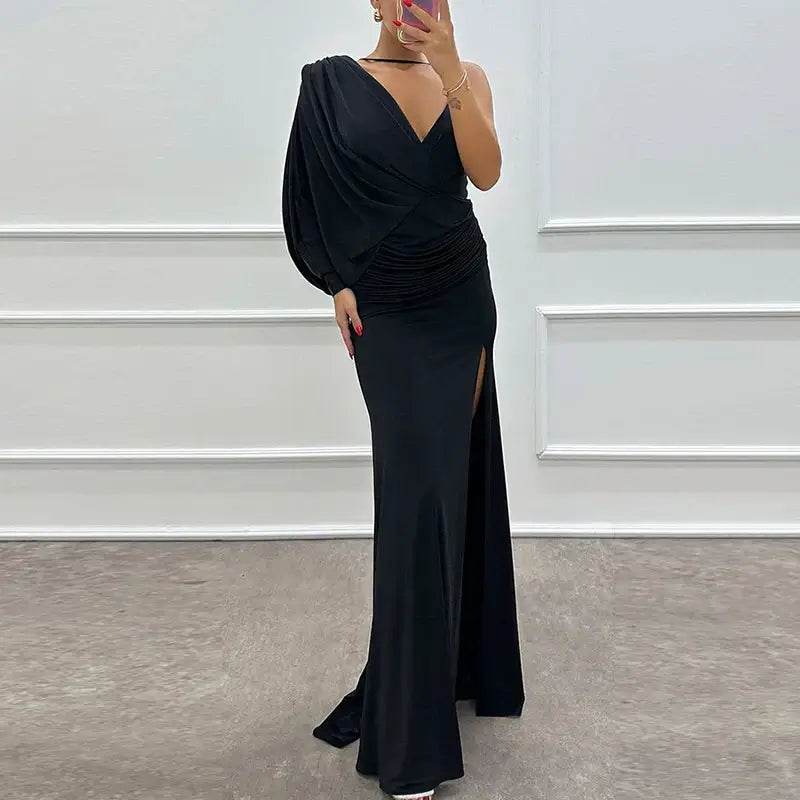 One Shoulder Sleeve Solid Long Split Asymmetric Slim Dress Elegant V-neck - ROYAL EQUIPS