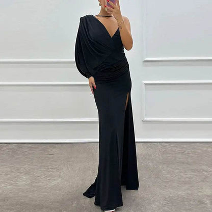 One Shoulder Sleeve Solid Long Split Asymmetric Slim Dress Elegant V-neck - ROYAL EQUIPS