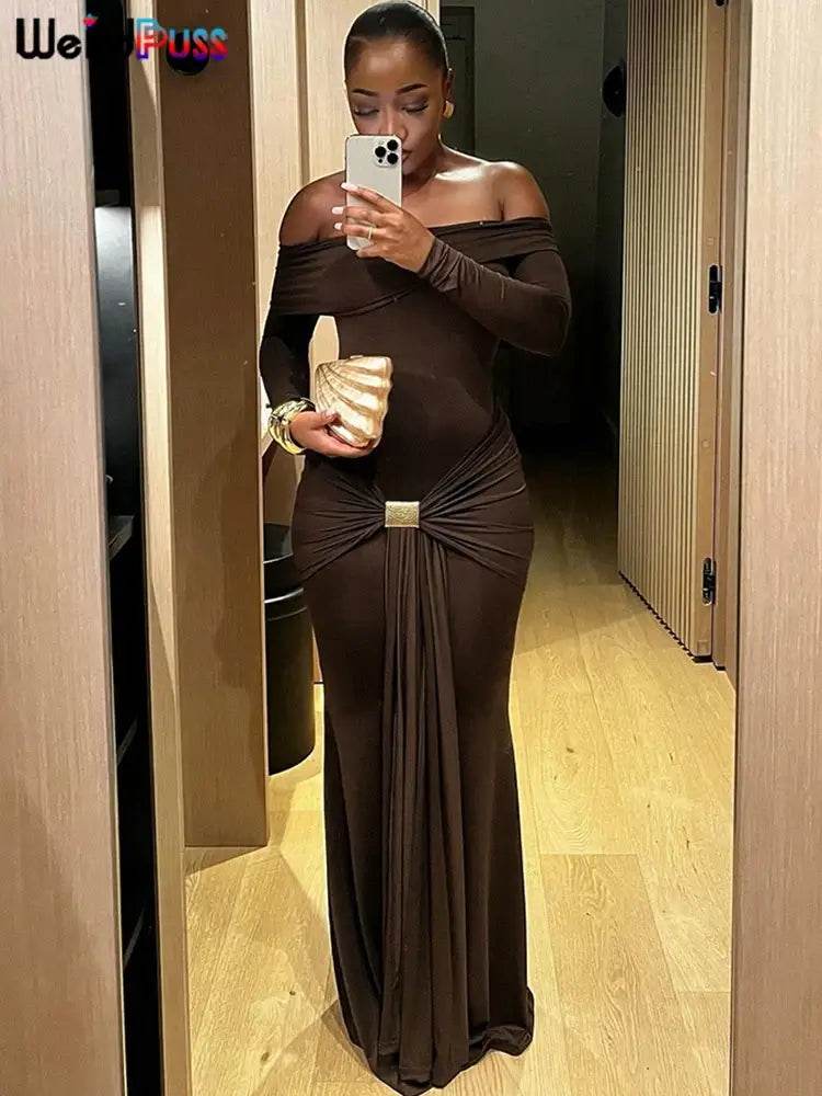 Elegant Ruched Metal Buckle Ribbon Slash Neck Full Sleeve Skinny Stretch Bodycon Dress - ROYAL EQUIPS