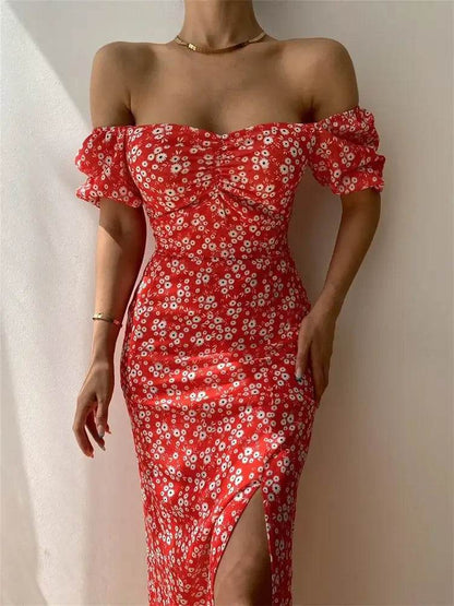 Floral Print Short Sleeve Hip Wrap Party Dress Elegant Off Shoulder Backless Waist Slit Boho Long Dress - ROYAL EQUIPS