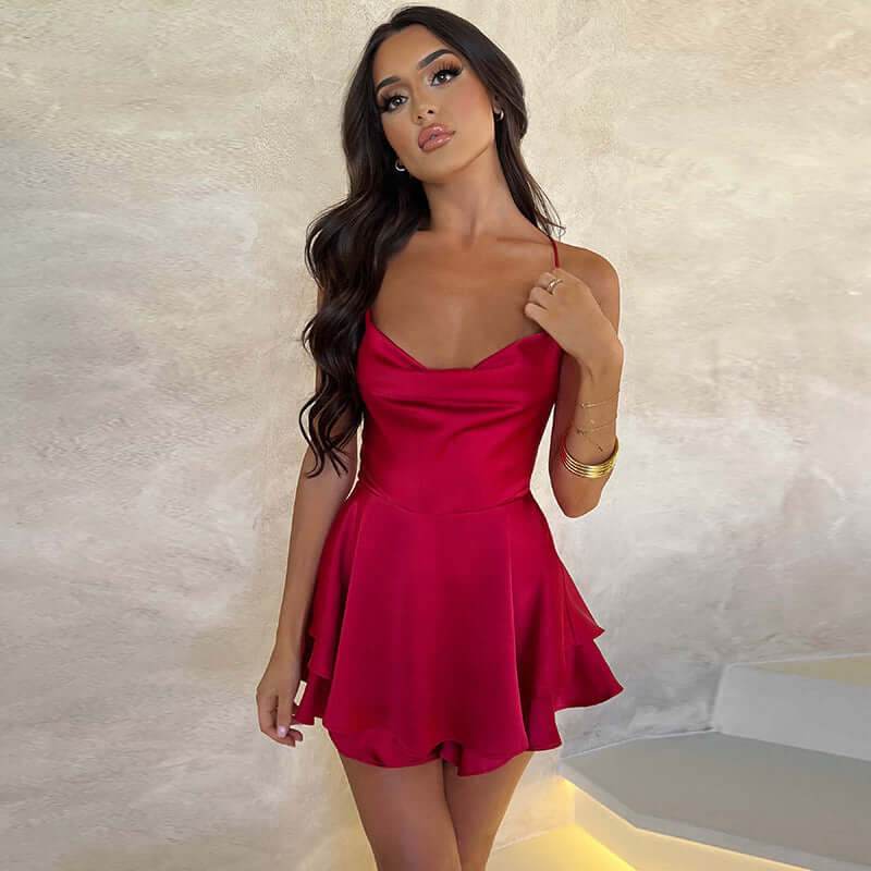 Suspender Skirt For Women Elegant Slim Strap Satin Backless Lace Up A-Line Short Dress Lady - ROYAL EQUIPS